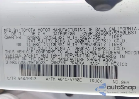 2007 Toyota Tacoma Prerunner V6 из США, поврежденный, VIN 3TMKU72N67M010523